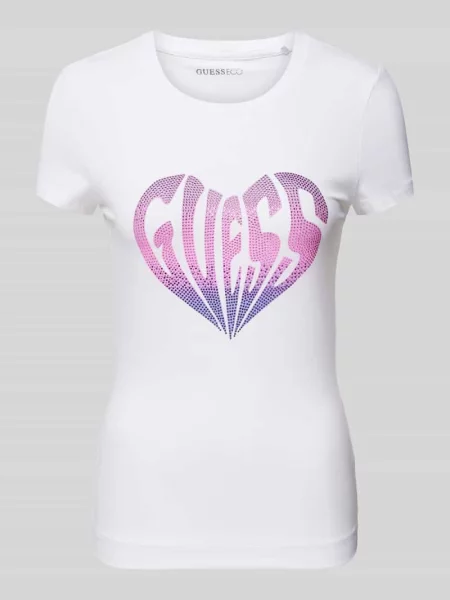 T-shirt z obszyciem kamieniami stras model ‘HEART’ Guess biała