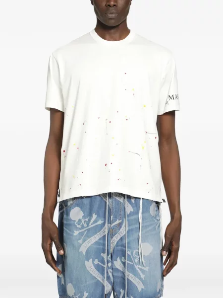 Тениска Mastermind World с протрити краища с кръгло деколте бяло