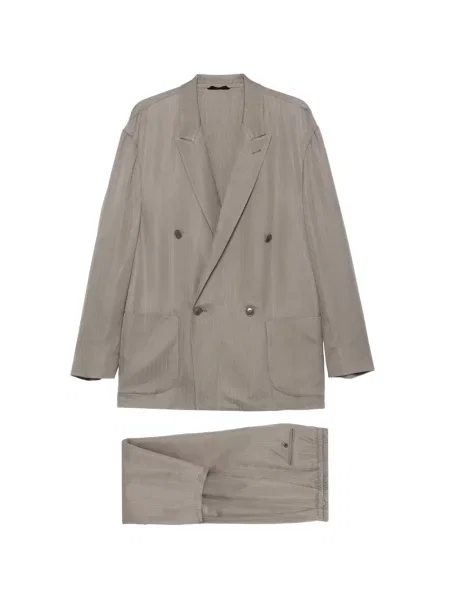 Costum Giorgio Armani cu model herringbone cu două rânduri de nasturi gri