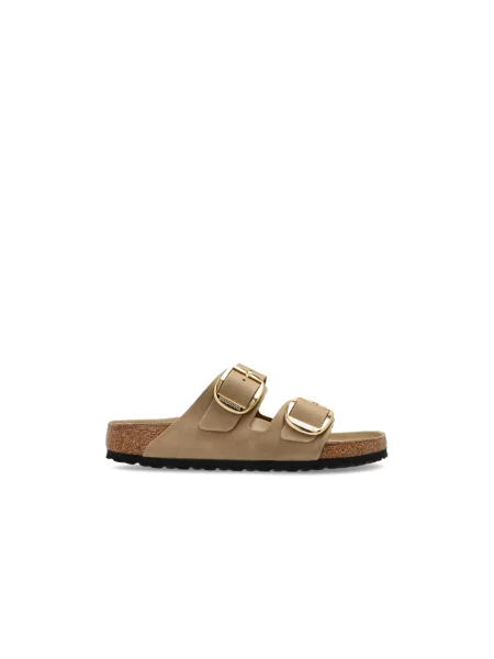 Klapki Birkenstock skórzane na sprzączkę beżowe