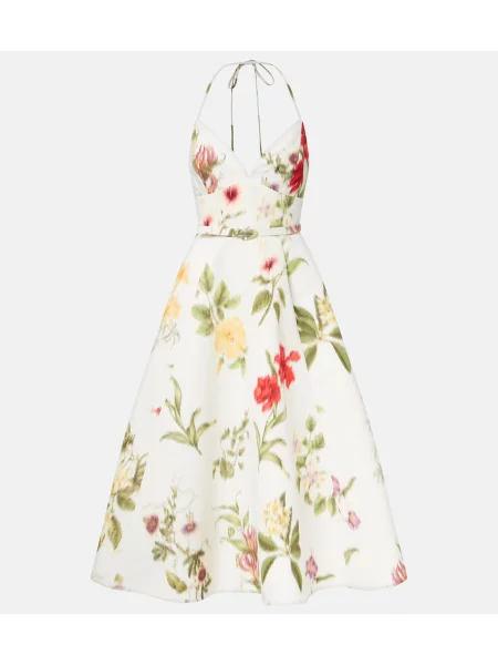 Cu centură rochie de cocktail Oscar De La Renta cu model floral alb