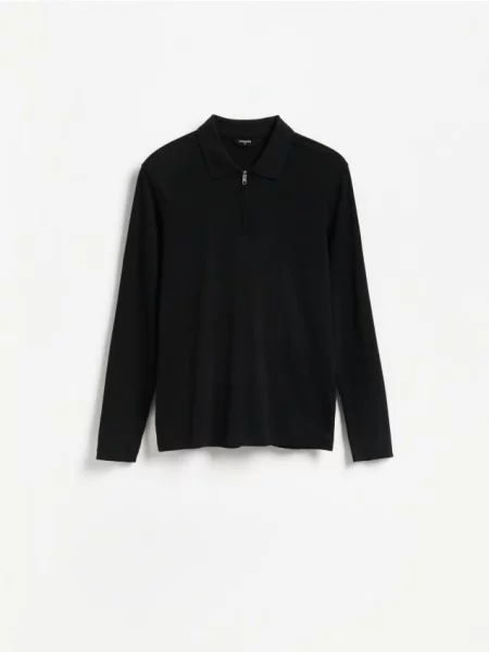 Reserved Tricou polo slim cu nervuri negru
