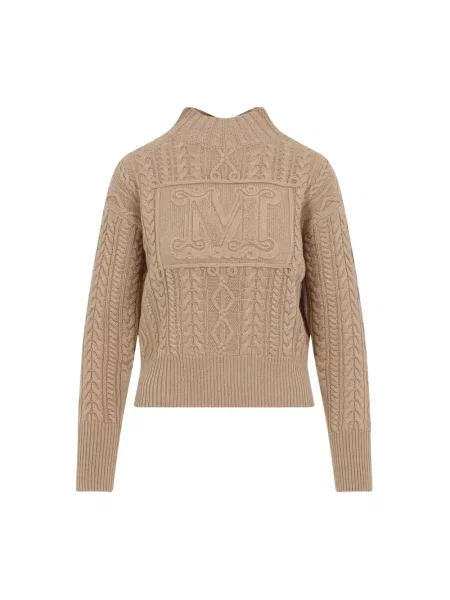 Dzianinowy golf sweter z golfem Max Mara z dekoltem w serek brązowy