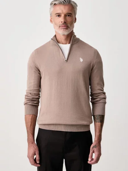 U.S. Polo Assn. pulover pentru bărbați din COTTON ZIP NECK bej