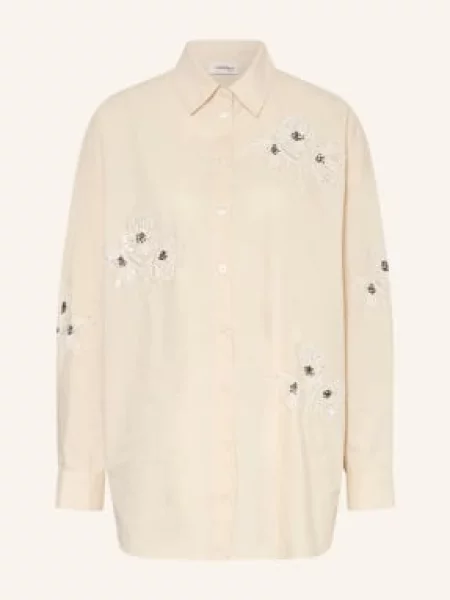 Ottod'ame Bluzka W Stylu Oversize Z Cekinami I Ozdobnymi Perełkami beige biała