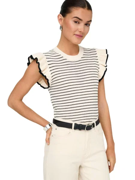 Dzianinowa bluzka Jacqueline De Yong w paski bez rękawów beżowa