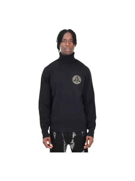 Lniany sweter z golfem Versace Jeans Couture z logo do golfa czarny