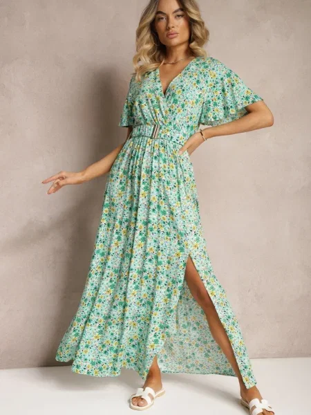 Rochie Tip Camasa din Vascoza cu din si in Talie cu Slita Vikali verde