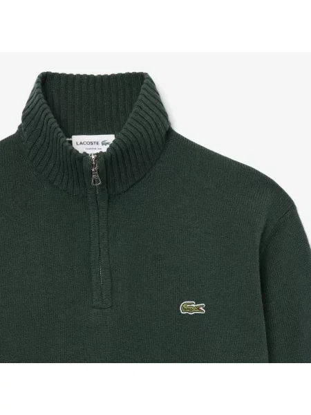 Lacoste Wełniany Sweter Z Wysokim Kołnierzem I Zamkiem zielony
