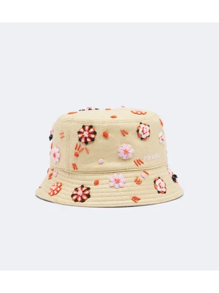 Pălărie Prada cu broderie din canvas bej