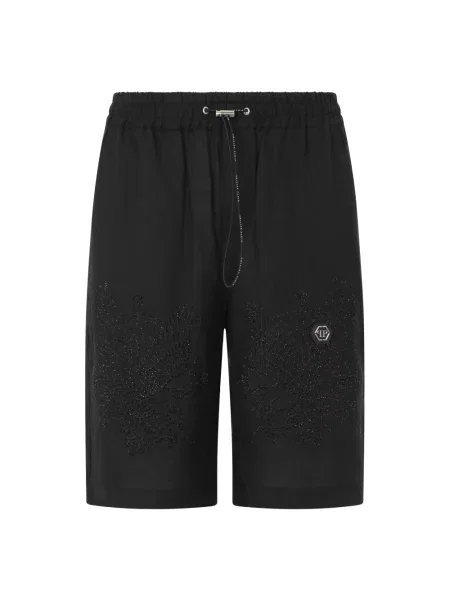 Haftowane lniane szorty Philipp Plein czarne
