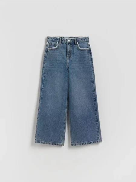 Reserved Jeansy super wide leg z koronką granatowy