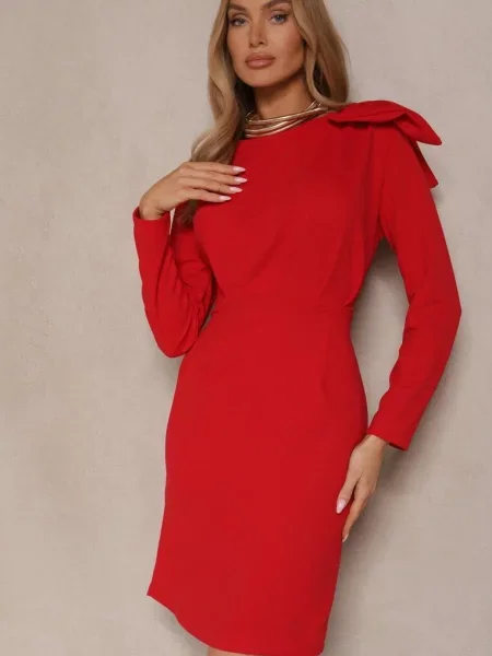 Koktajlowa Sukienka o Dopasowanym Kroju z Kokardą na Ramieniu Innathia czerwona