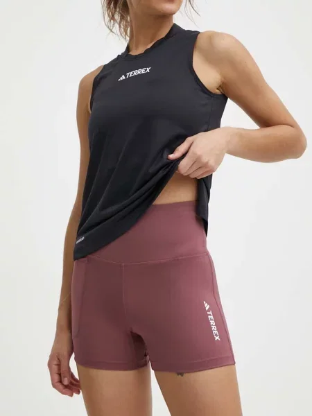 Спортен къс панталон adidas TERREX Multi с изчистен дизайн с висока талия бордо