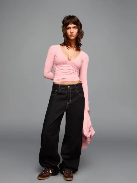 Bershka Marszczona Koszulka Z Długim Rękawem Kobieta Xs różowy