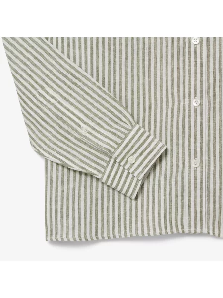 Lacoste Lniana Koszula W Paski Regular Fit zielona