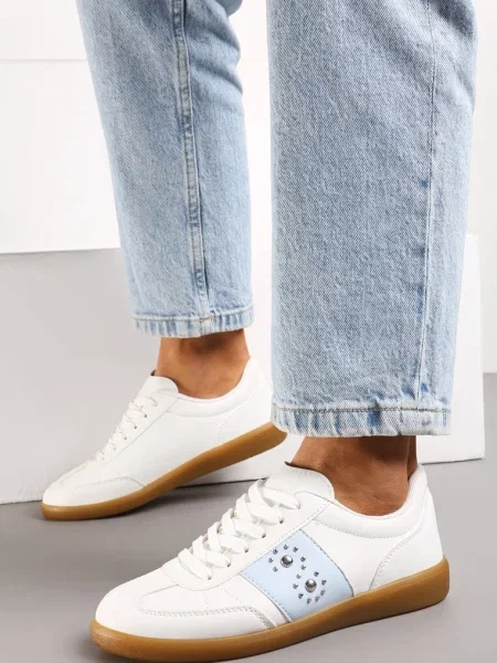 Sneakerși Alb-Bleu cu Talpă Plată cu Șiret și Inserție Decorativă Drukesti alb