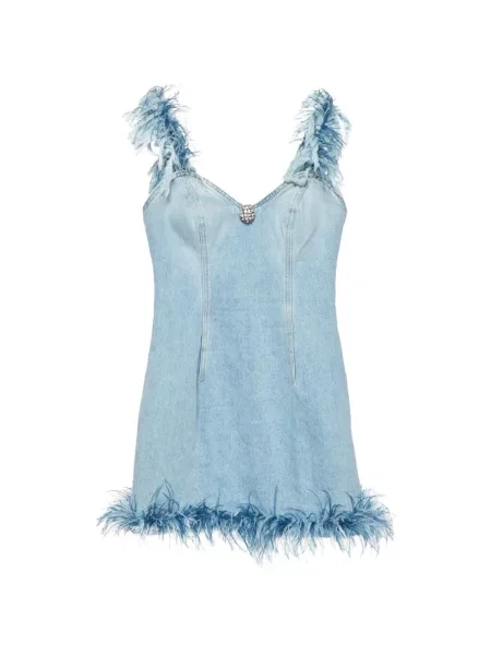 Rochie din denim Area cu pene albastru