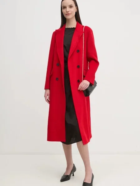 Палто с вълна Pedro del Hierro преходен модел с двуредно закопчаване червено
