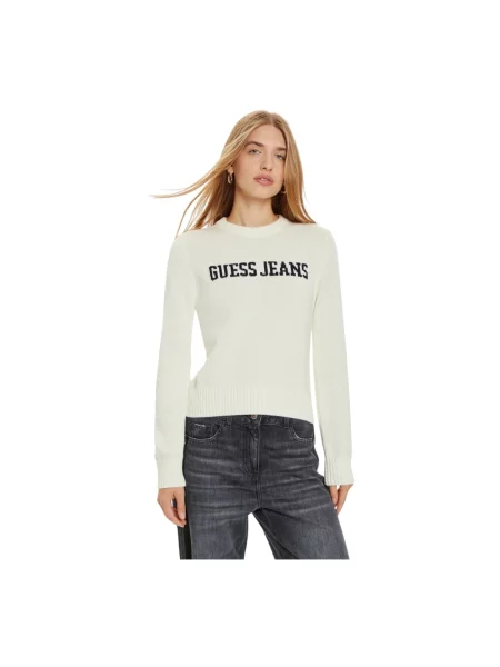 Dzianinowy sweter Guess z okrągłym dekoltem z logo biały