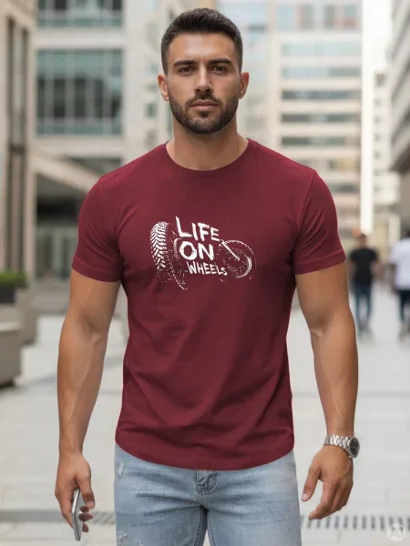 T-shirt z napisem Life on Wheels bordowy Dstreet