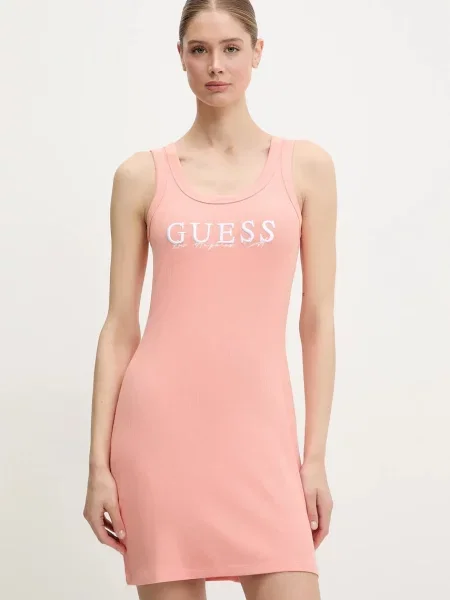 Рокля Guess SUNFLOWER къса с кройка по тялото оранжево