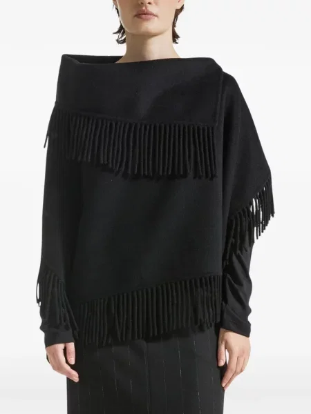 Poncho Seventy cu franjuri de lână negru