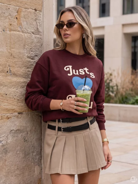 Bluza oversize z nadrukiem JUST LOVE YOU bordowa Dstreet