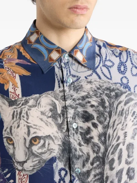 Копринена риза Etro с принт с леопардов принт синьо