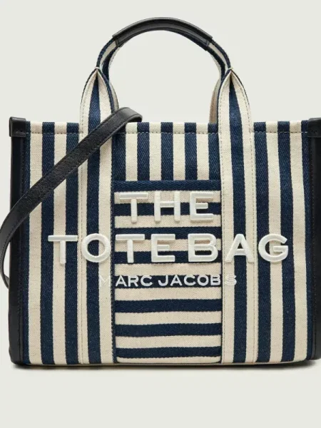 Marc Jacobs Geantă shopper The Stripe Canvas Medium Tote Bag cu adaos de piele bej