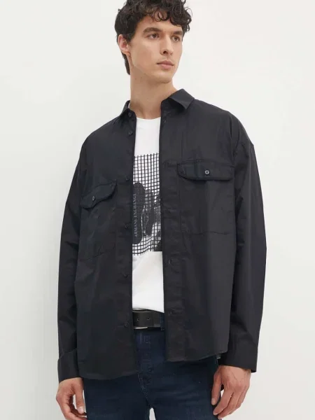 Риза Armani Exchange мъжка със свободна кройка с класическа яка черно