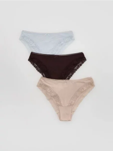 Reserved Set de 3 perechi de chiloți cu conținut ridicat de și tiv din dantelă bej