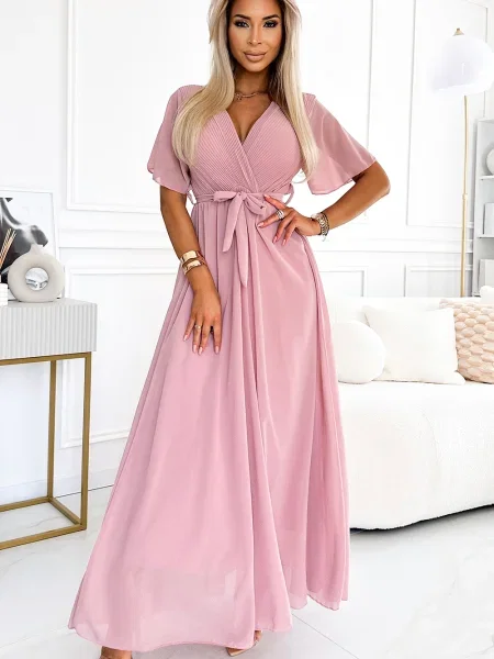 Rochie maxi Numoco plisată cu legături lungă