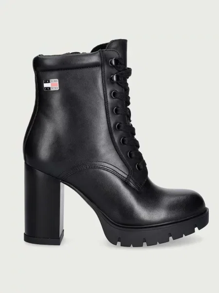 Кожени ботуши Tommy Jeans с връзки с висок ток черно