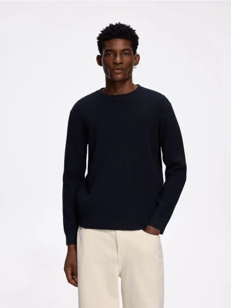 Reserved Pulover din tricot striat bleumarin