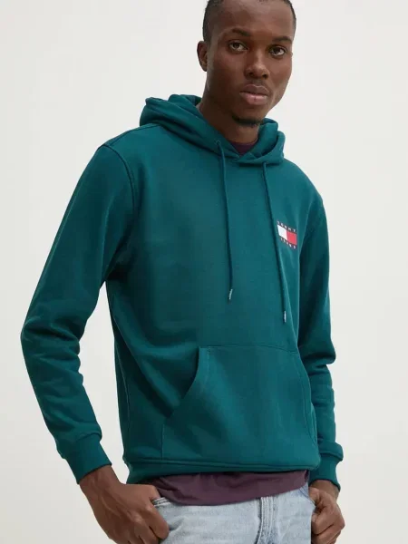 Dukserica Tommy Jeans za muškarce s kapuljačom s tiskom zelena