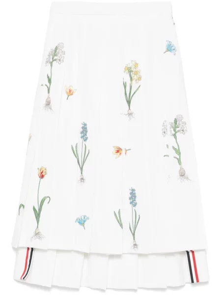 Fustă midi Thom Browne cu broderie cu model floral până la genunchi alb