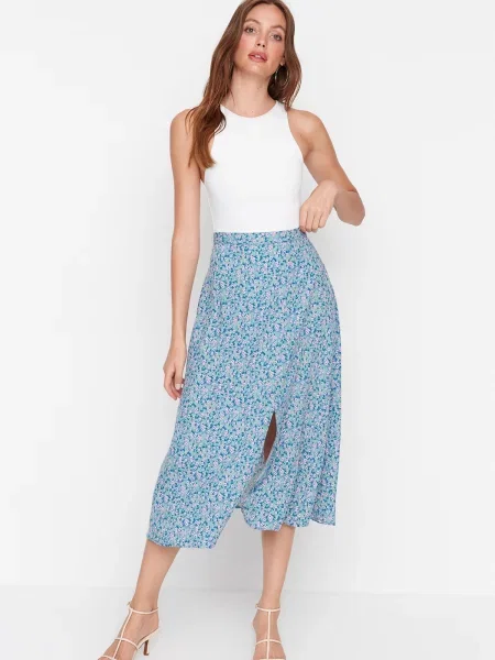 Spódnica midi Trendyol w kwiatki niebieska