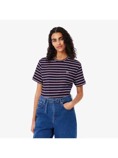 Lacoste T-Shirt Z Okrągłym Dekoltem W Paski Regular Fit granatowy