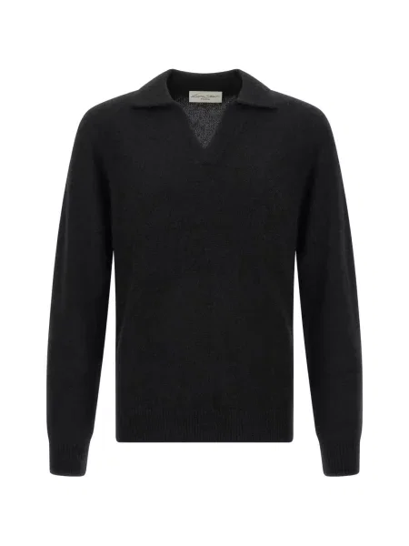 Lung tricou polo Larmeri Studio din cașmir negru