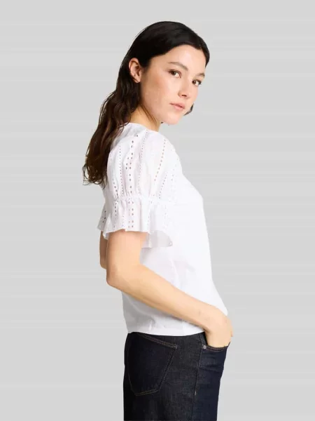T-shirt o kroju loose fit z czystej bawełny z ażurowym haftem Tom Tailor Denim biała