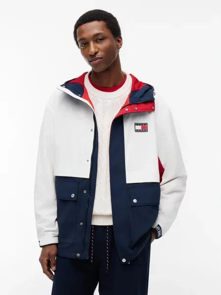 Tommy Jeans Prechodná bunda tmavomodrá / jasne červená biela