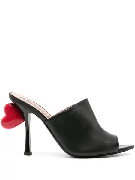 Papuci tip mules Moschino din piele cu motiv cu inimi negru