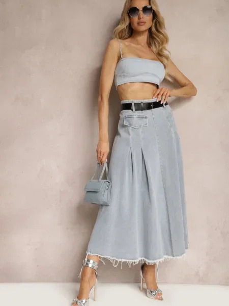 Fustă Bluză Grinna Cloș Denim cu in Set albastru