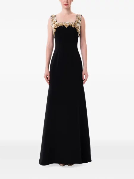 Rochie maxi Dina Melwani cu model floral cu aplicații negru