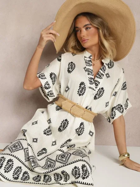 Czarno-Kremowa Sukienka z w Stylu Boho o Pudełkowym Kroju z Rozcięciami Virbia czarna