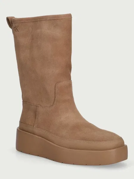 Calvin Klein botine cu platformă pentru femei din piele întoarsă FLATFORM MID BOOT SUEDE WL bej