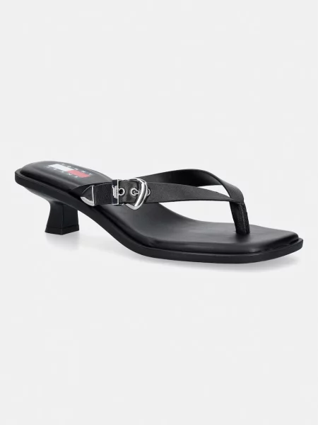 Tommy Jeans šľapky dámske kožené TJW KITTEN HEEL LEATHER SANDALS čierna