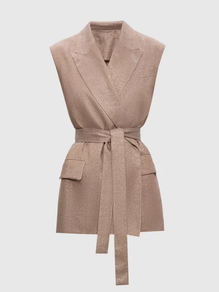 Жилет на запах з льону з люрексом Brunello Cucinelli бежевий