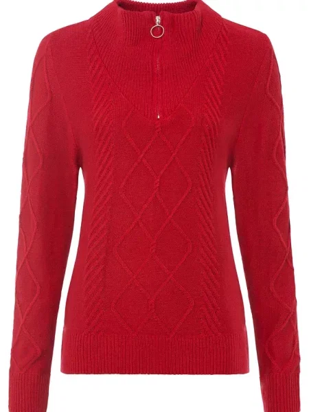 Sweter ze stójką we wzór w warkocze czerwony